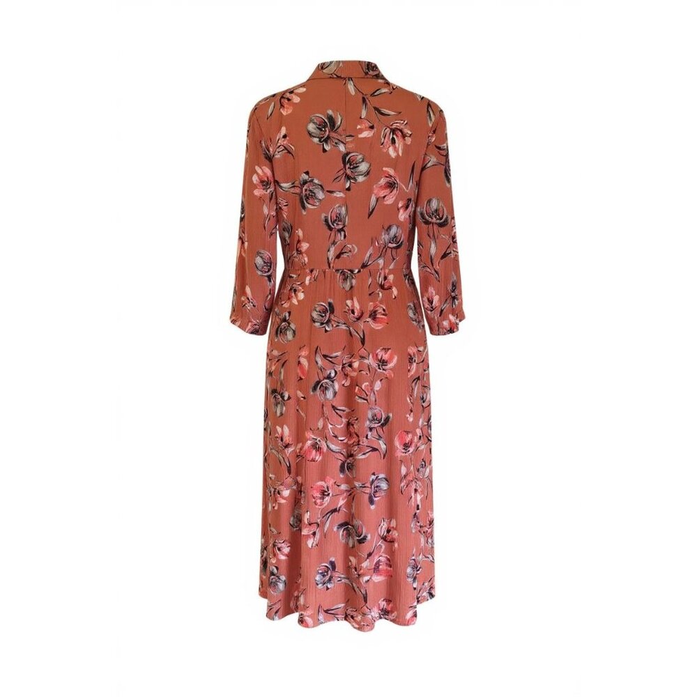 Woman Within Dark Peach Floral Print Dress 22W Roll Tab Sleeves Button Front - Picture 5 of 14